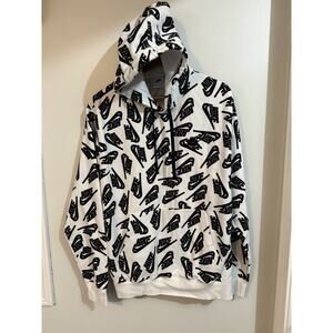 Nike White Hoodie All Over Black Logo Print Men's Large Pullover Sweatshirt